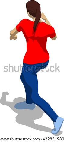 Street fighter after attack. Young athletic woman in red t-shirt and blue tights. 3d flat isometric.