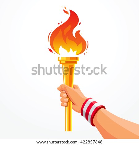 Golden Torch. Gold Cup with a fire in hand. Vector illustration on light gray background. Torch icon. Big games. Spark image. Achievement dream.