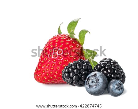 Fresh berries isolated on the white background. Ripe Sweet Strawberry, Blueberry, Blackberry Royalty-Free Stock Photo #422874745