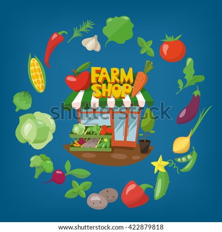 Farm shop infographics design. Vector flat style farm shop with different vegetables around. Farm shop selling different fruits and vegetables. Apple and carrot on the roof. 