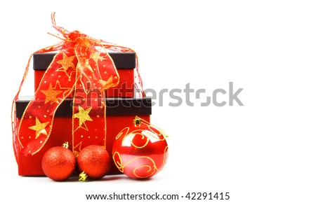 christmas presents with christmas balls on a white background