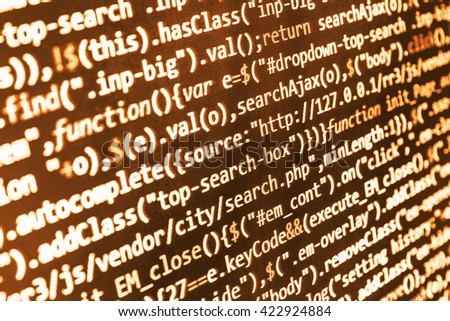 Programming code on computer screen. Abstract screen of software. Computer program. Writing program code on computer. Source code photo.  Developer working on websites codes in office. Monitor photo.