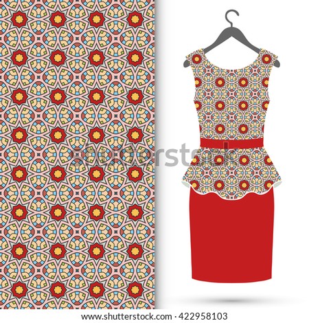 Vector fashion illustration. Women's dress on a hanger and seamless geometric pattern with repeating texture. Isolated element for fabric print, scrapbook or invitation cards design.