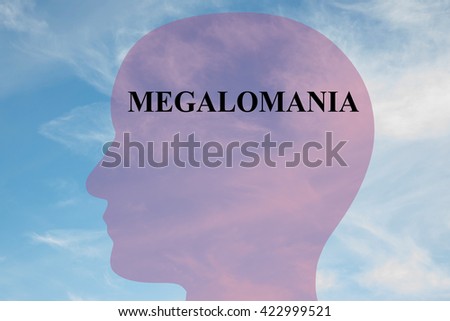 Render illustration of "MEGALOMANIA" script on head silhouette, with cloudy sky as a background. Human mental concept.