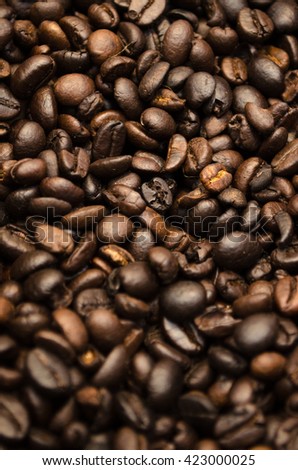 Roasted coffee beans texture, for background / wallpaper (selective focus)