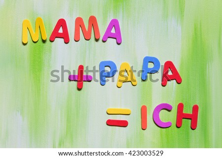 colorful letters, german words mama, papa, ich, which means mother, father, me, concept family