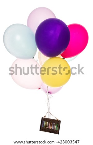 Colorful Balloon, old board with german word Einladung, which means invitation, isolated on white
