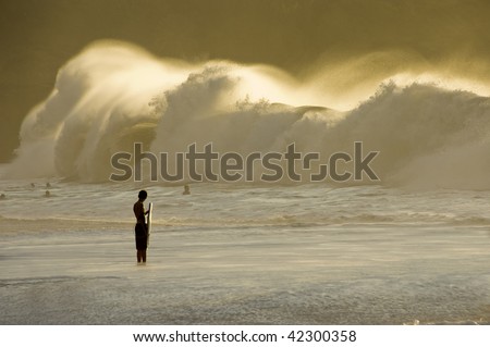 Big wave breaking on the shore. Bodyboarder watching. Waimea Bay, North Shore of Oahu, Hawaii. Royalty-Free Stock Photo #42300358
