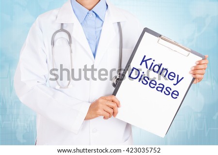 Doctor holding clipboard with kidney disease text on a sheet of paper on white background