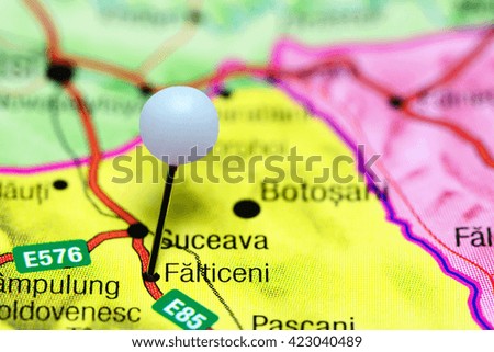 Falticeni pinned on a map of Romania
