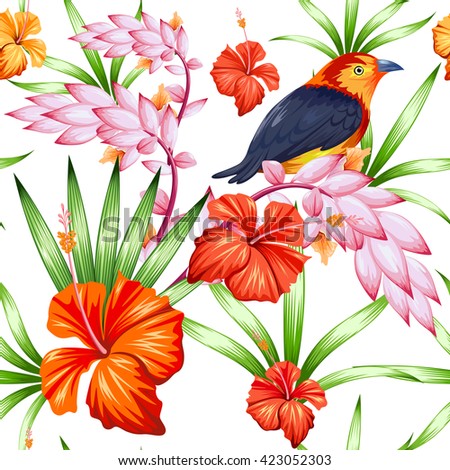 illustration of seamless pattern with exotic tropical flower and colorful bird