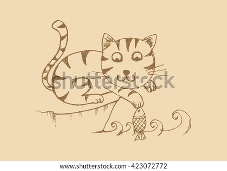 Cartoon curious cat with fish
