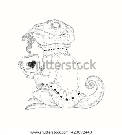Cute chameleon with cup of hot coffee or tea,doodle sketch, funny cartoon animal in sweater. Little Ink lizard in Christmas design, winter pattern.Hand drawn vector illustration,decorative elements.