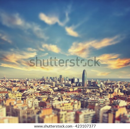 Beautiful landscape of the center of Barcelona. Vintage picture. Business background