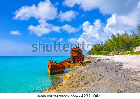 Shipwreck in Bimini, Bahamas.  Royalty-Free Stock Photo #423110461
