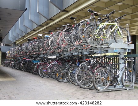 Bikes Parked In the city., Bicycles Parking in london., traffic concept. environment concept. transport concept.