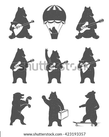 Design vintage illustration Travel Bear on balloon, bear cycling and bear with guitar. Hipster print of bears. Romantic illustration for posters and prints of t-shirt