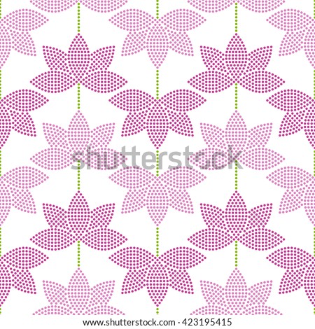 Seamless tiled mosaic background of pink lotus flower in garlands. Dotted pattern. Vector Illustration. Royalty-Free Stock Photo #423195415