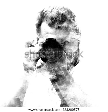 Double exposure male photographer looking at the camera, black and white silhouette.