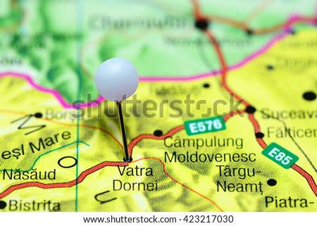 Vatra Dornei pinned on a map of Romania
