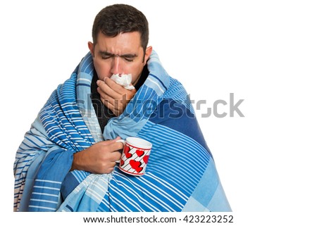 Portrait of a sick man with the flu, allergy, germs,cold coughing isolated on white background Royalty-Free Stock Photo #423223252