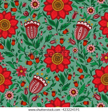 Seamless raster floral pattern with colorful fantasy plants and flowers, pattern can be used for wallpaper, pattern fills, web page background, surface textures