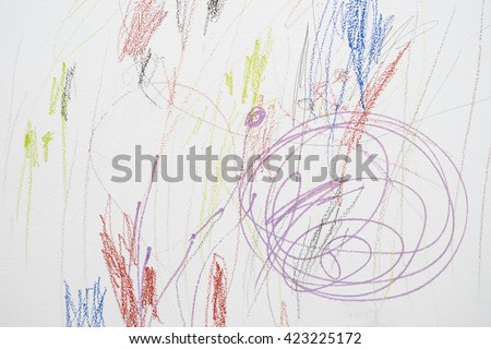 Child scribble on the wall/colored pencils scribbles on a white wall made by a little kid that could pass as abstract work. Royalty-Free Stock Photo #423225172