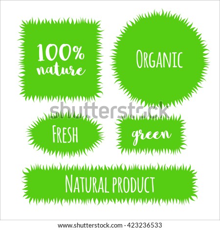 Vector flat grass banner, label, bubble template set isolated on white background. For packaging design, special offers, promotions for shops natural eco products, farm, vegan, green market.