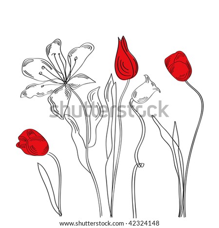 White decorative background with tulips and lily