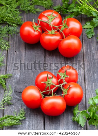 tomato,parsley, fennel  on a wooden background, selective focus