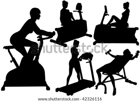 Fitness silhouette women in exercise gym work out on treadmill, bike, and barbells.