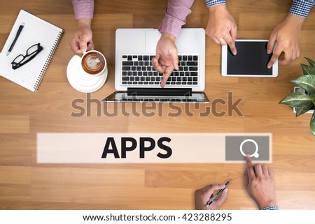 Apps concept man touch bar search and Two Businessman working at office desk and using a digital touch screen tablet and use computer, top view