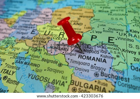 Pushpin marking on Romania map
