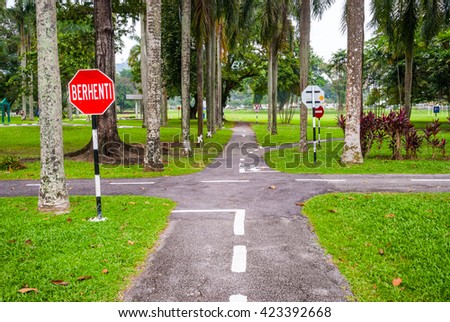 View on road in driving school with road signs and road marking