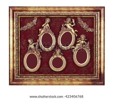 A few oval baroque frames with cupid inside rectangular old picture frame.