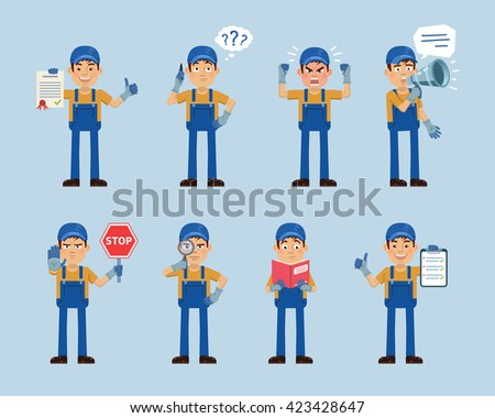 Set of auto mechanic characters posing in different situations. Cheerful worker talking on phone, thinking, angry, holding loudspeaker, document, stop sign, book, magnifier. Flat vector illustration