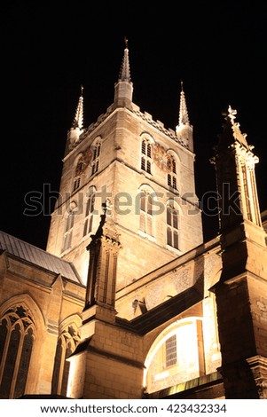 Southwark Cathedral at night which stands at the south end of London Bridge, London, England, UK. It is believed to have been built around 666AD rebuilt in a Norman Gothic style in 1206AD