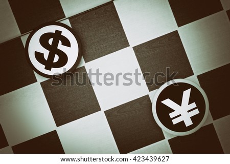 Draughts (Checkers) - US Dollar vs Chinese Juan  - comparison or conflict between economies of United States and China (underexposure, vignetting)