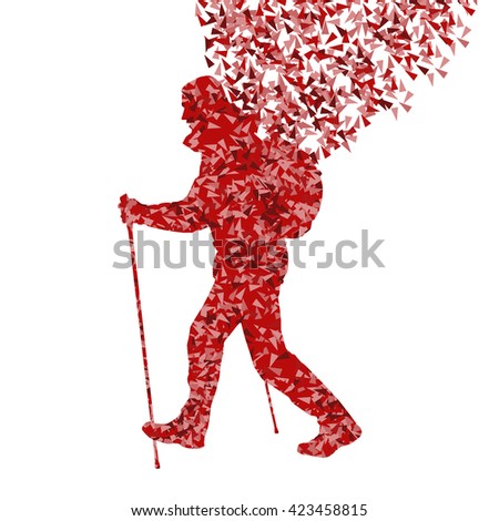 Man hiking adventure nordic walking with poles vector red illustration concept made of triangular fragments