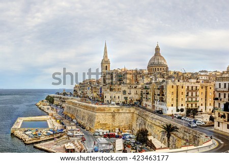 View on the Valletta city with its historic cityscape and sea and the St. Pauls Cathedral