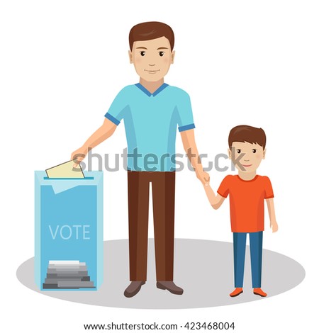 Man vote at transparent ballot box. Father brought his son to the polling station. Vector illustration