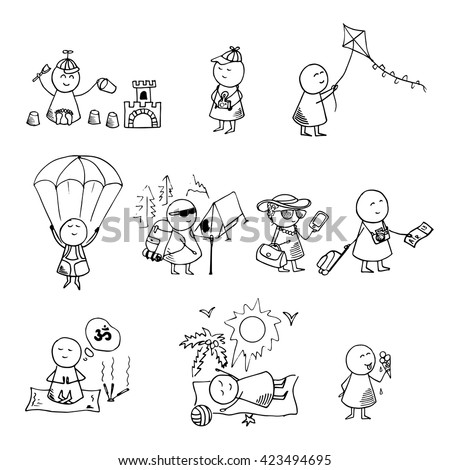 Funny people icons. Set of summer vacation symbols. Doodle vector illustration.
