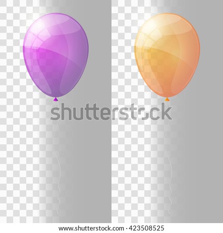 Violet and orange shiny glossy balloons. Transparent version of balloons. Vector illustration.