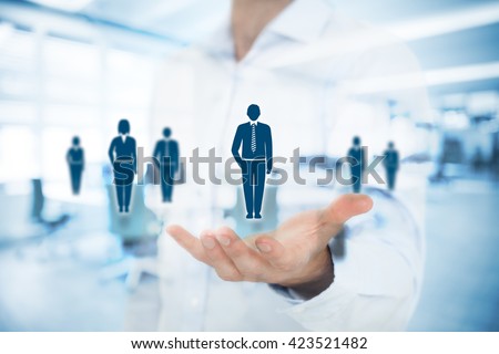 Human resources pool, customer care, care for employees, labor union, life insurance, employment agency and marketing segmentation concepts. Gesture of man and icons representing group of people.
 Royalty-Free Stock Photo #423521482