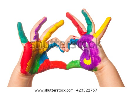 Child's hand painted watercolor in heart shape against white background Royalty-Free Stock Photo #423522757