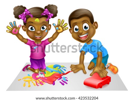 Cartoon black boy and girl playing with toys, with paints and toy red car
