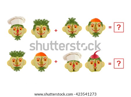 Cartoon faces of vegetables and fruits, as an illustration of mathematical education for children of preschool age.