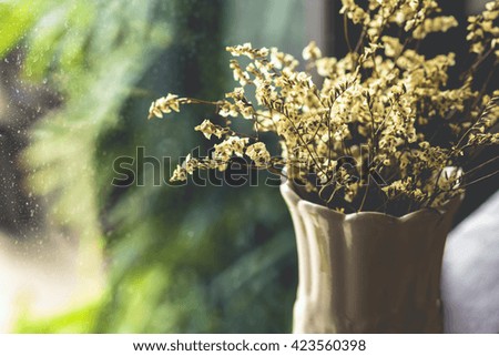 bouquet of Flower in a porcelain vase inside windows background