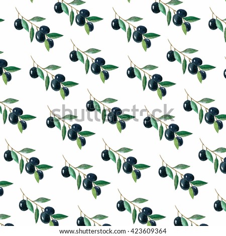 Seamless pattern watercolor olives hand drawn on white.Background for tile,fabric textile,scrapbook,wallpaper.