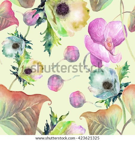 Floral seamless pattern.Watercolor Anemones and Orchid with leaves.
